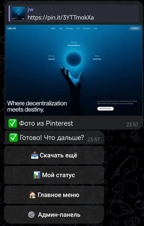 Ссылка pin.it в чате и пришедшая следом картинка с подписью «Фото из Pinterest»