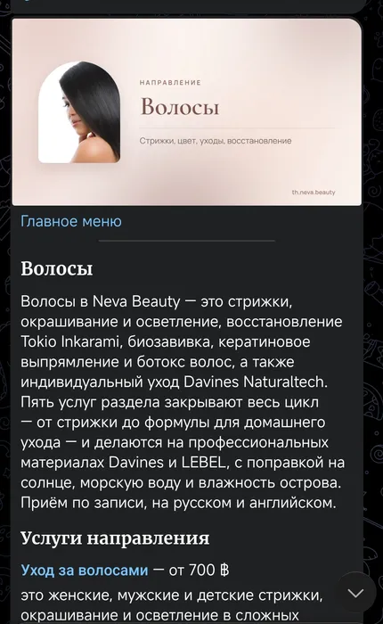Экран направления «Волосы»: обложка, ссылка «Главное меню», описание и список услуг раздела