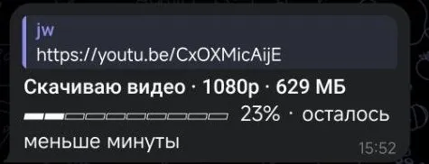 Статус загрузки видео с YouTube: «Скачиваю видео · 1080p · 629 МБ», шкала на 23% и «осталось меньше минуты»