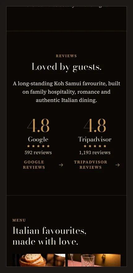 Второй экран нового сайта на телефоне: блок Reviews с оценками 4.8 в Google и на Tripadvisor, 592 и 1 193 отзыва