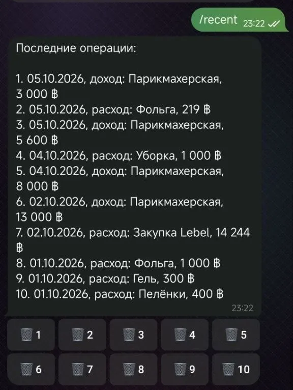 Сообщение бота «Последние операции»: десять записей с датой, типом, статьёй и суммой, под ними десять кнопок с корзиной и номером