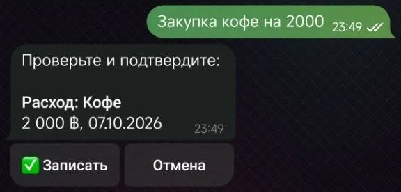 Переписка с ботом: сообщение «Закупка кофе на 2000», ответ «Проверьте и подтвердите: расход, кофе, 2 000, 07.10.2026» и кнопки «Записать» и «Отмена»